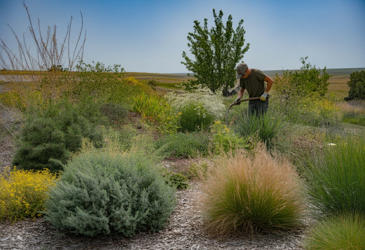 A gardener tending to a native drought-tolerant garden with grasses and wildflowers under a clear blue sky in South Dakota.