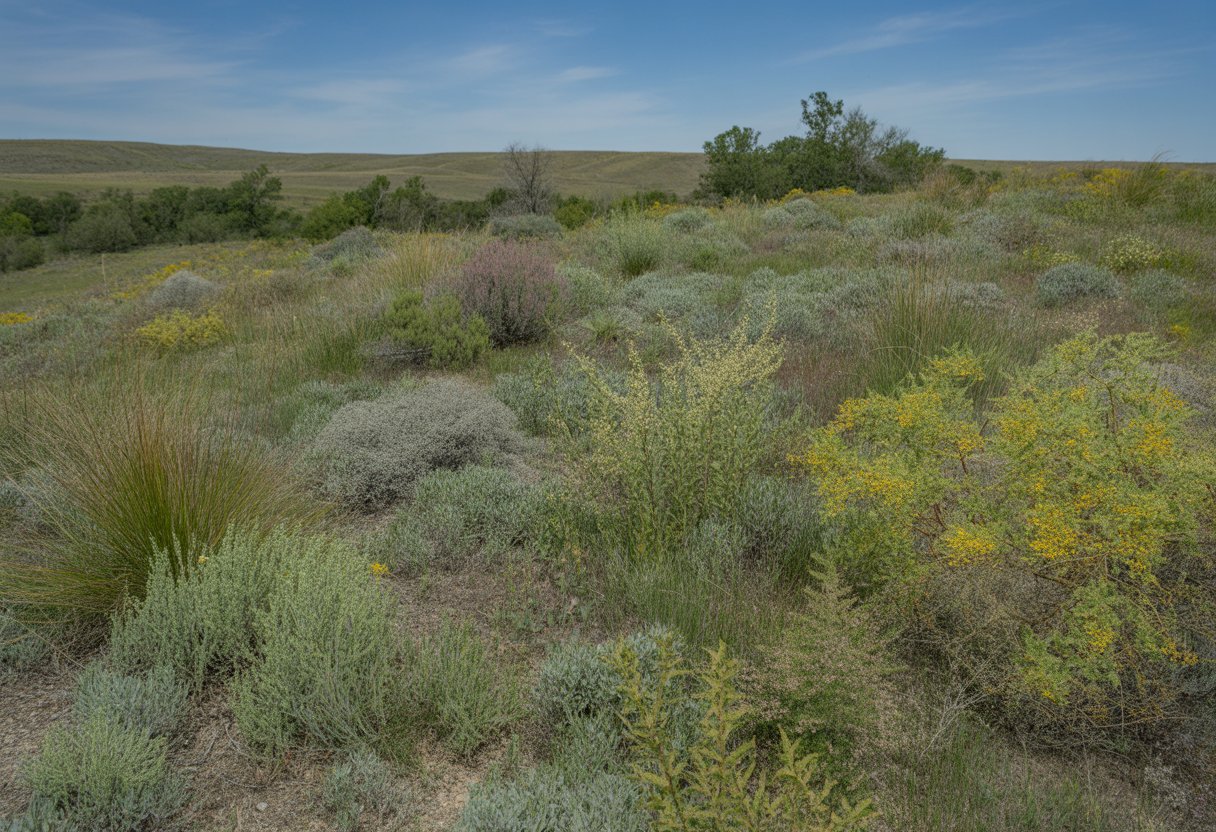A landscape of drought-tolerant native plants growing across rolling hills in South Dakota under a clear blue sky.