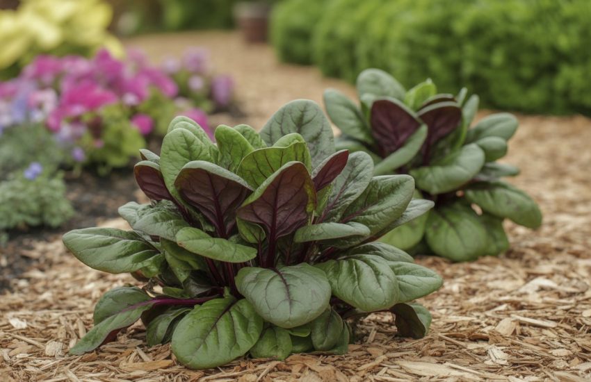 Close-up of ornamental spinach plants growing in a landscaped garden bed with surrounding flowers and mulch.
