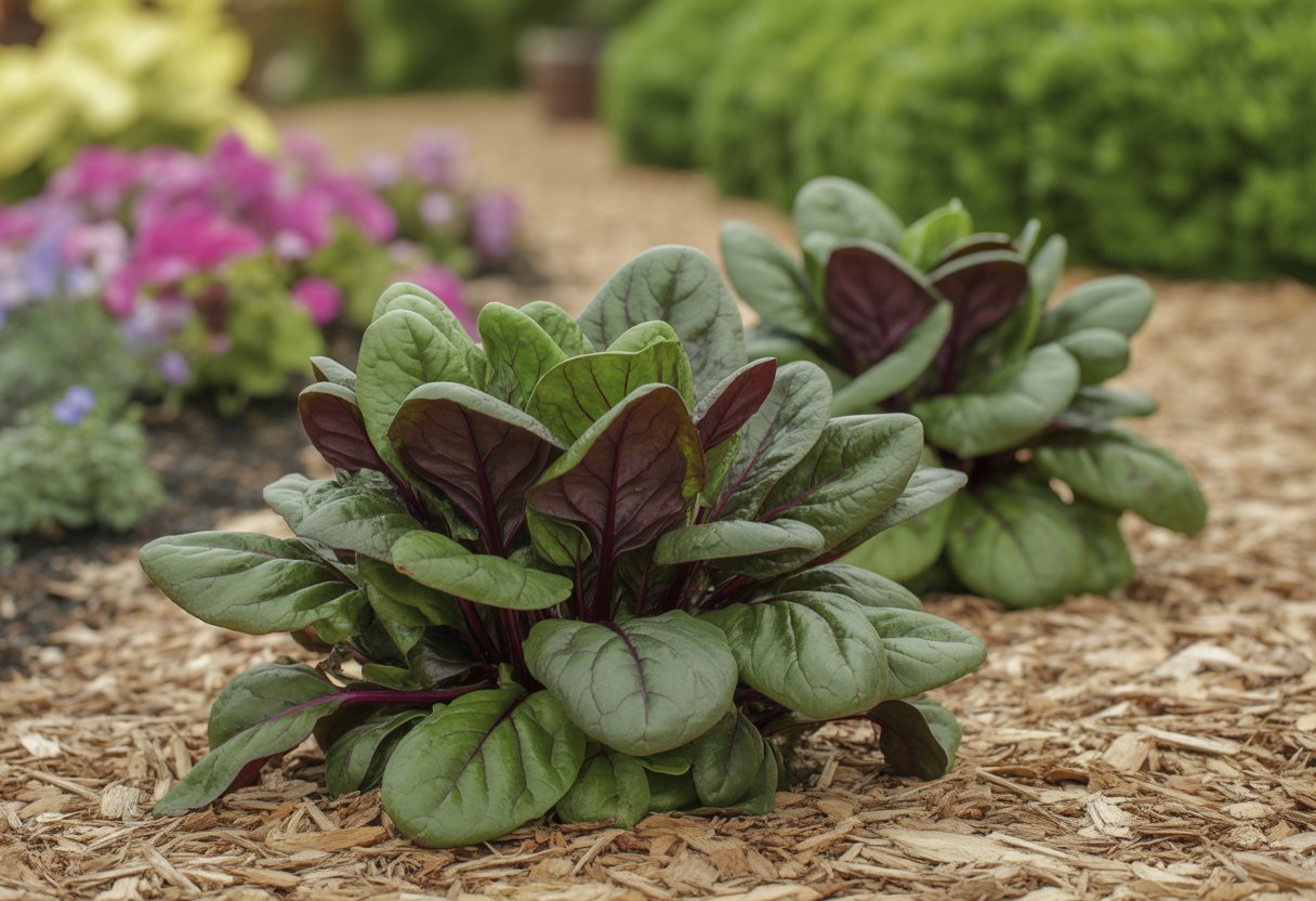 Close-up of ornamental spinach plants growing in a landscaped garden bed with surrounding flowers and mulch.