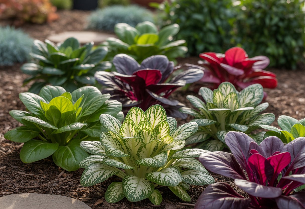 A garden bed displaying different types of colorful ornamental spinach plants with vibrant leaves in green, purple, red, and white.