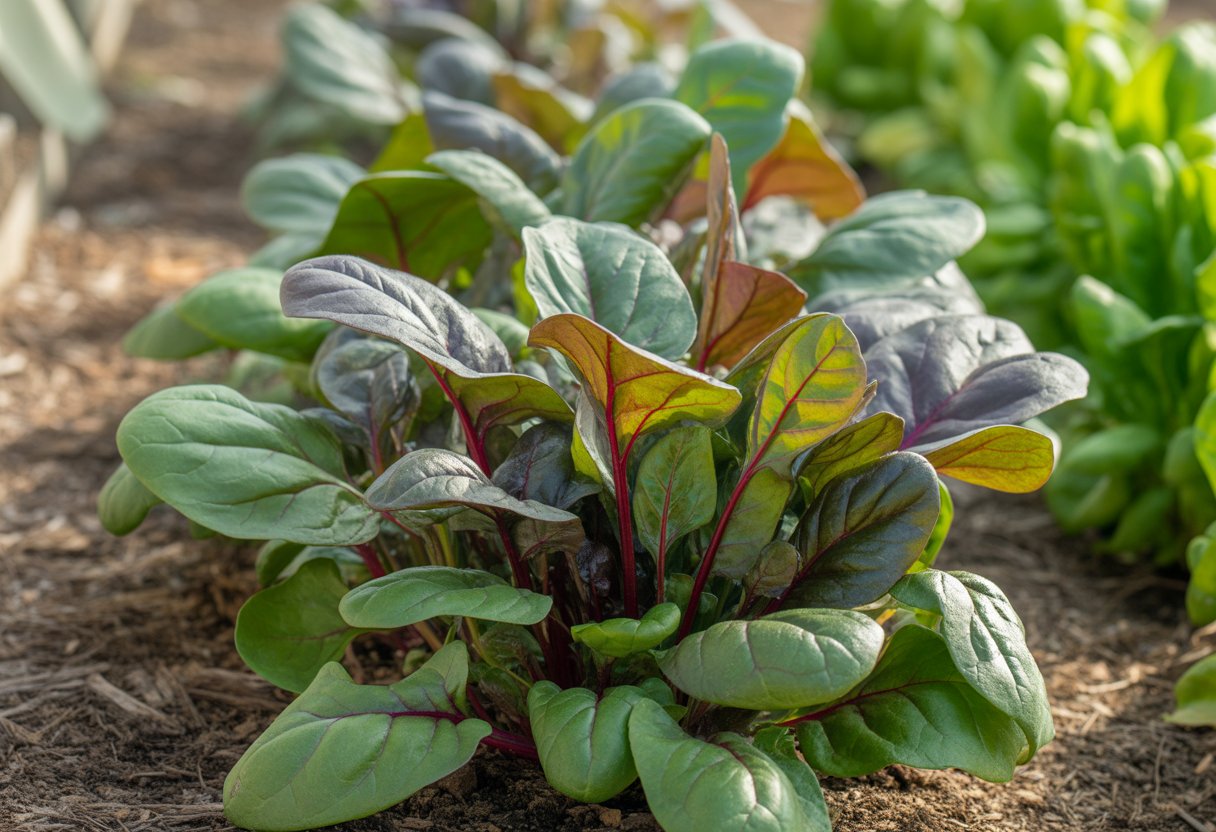 A garden bed with healthy ornamental spinach plants showing colorful leaves in green and purple shades.