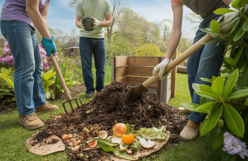 Gardeners working together to compost plant scraps in a wooden bin surrounded by green plants and flowers in a sunny outdoor garden.
