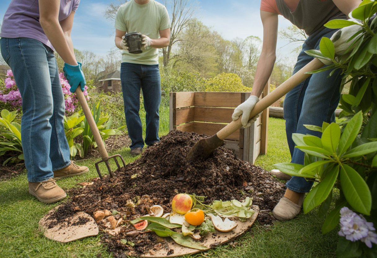 Gardeners working together to compost plant scraps in a wooden bin surrounded by green plants and flowers in a sunny outdoor garden.