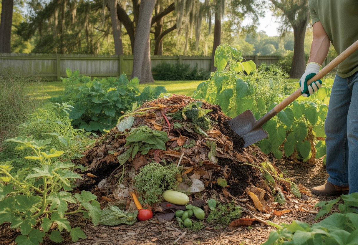 A gardener tending a compost pile surrounded by thriving garden plants and trees in a Southern backyard.