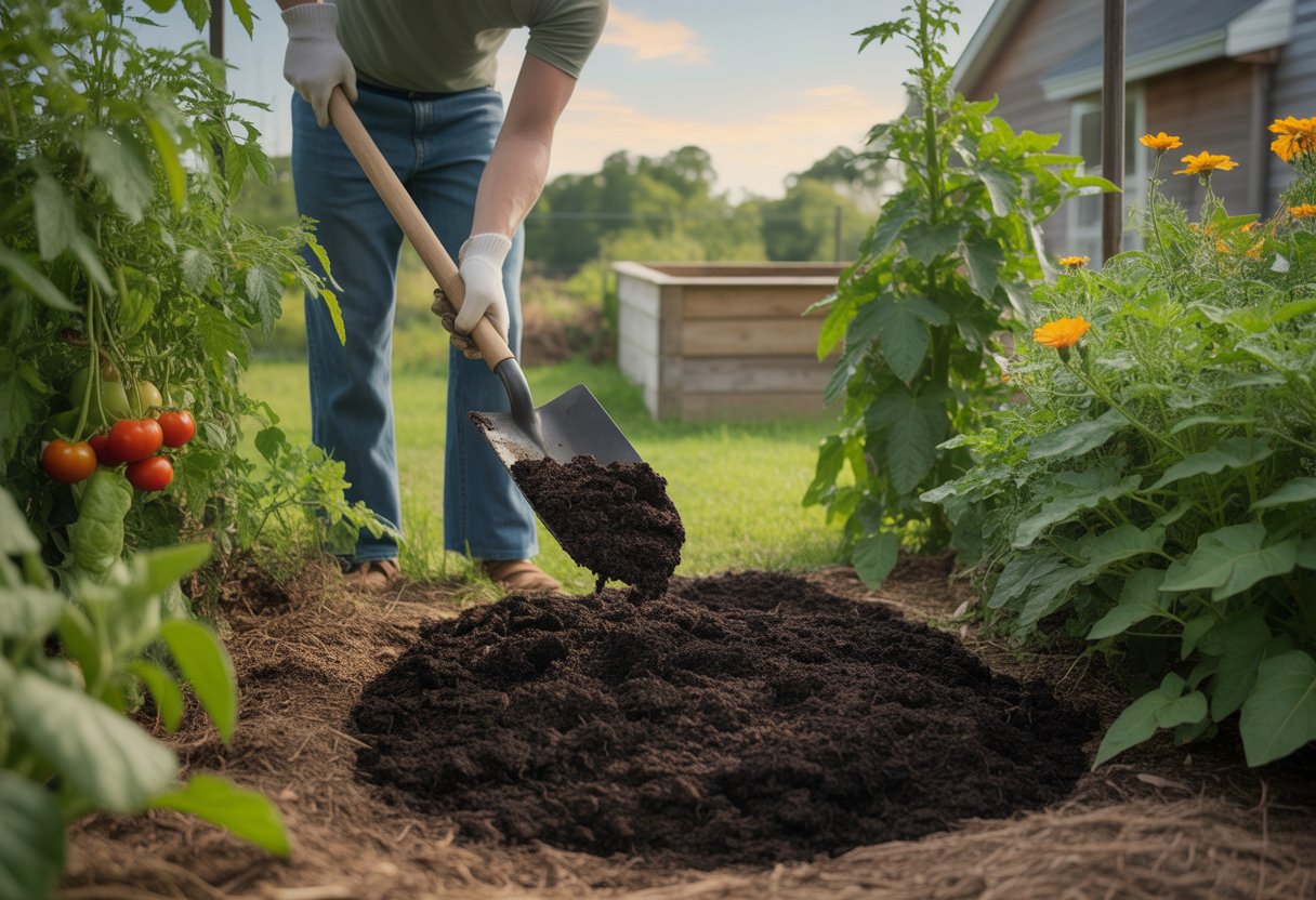 A gardener spreading dark compost over soil in a green garden with vegetables and flowers on a sunny day.