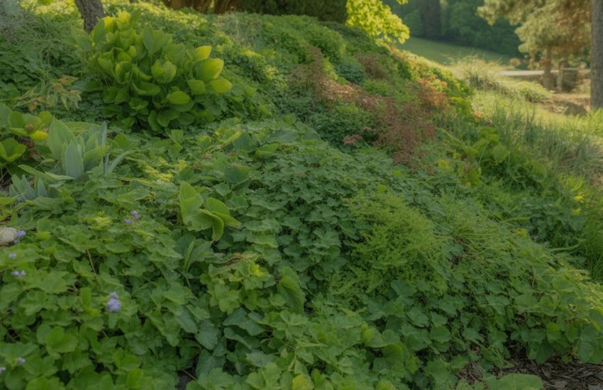 A garden area densely covered with various native ground cover plants under soft sunlight with trees and shrubs in the background.