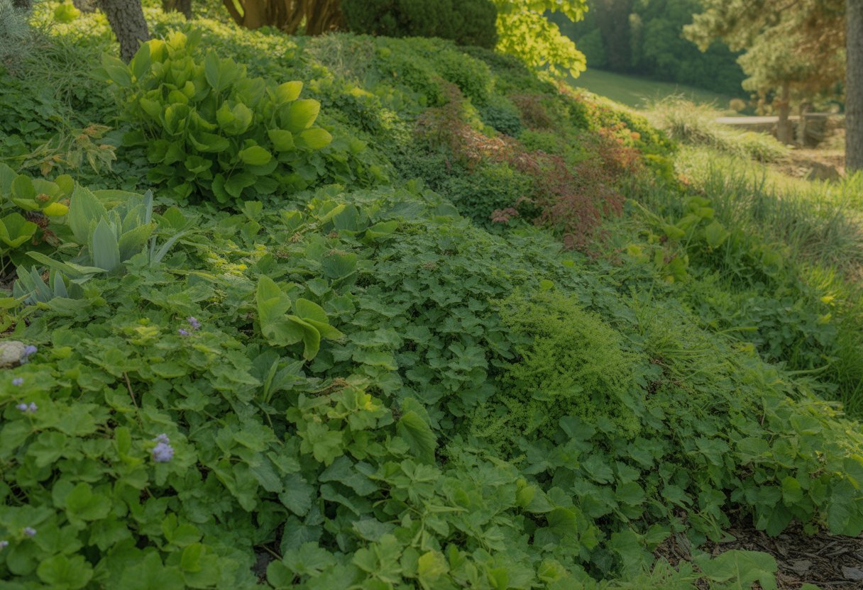A garden area densely covered with various native ground cover plants under soft sunlight with trees and shrubs in the background.