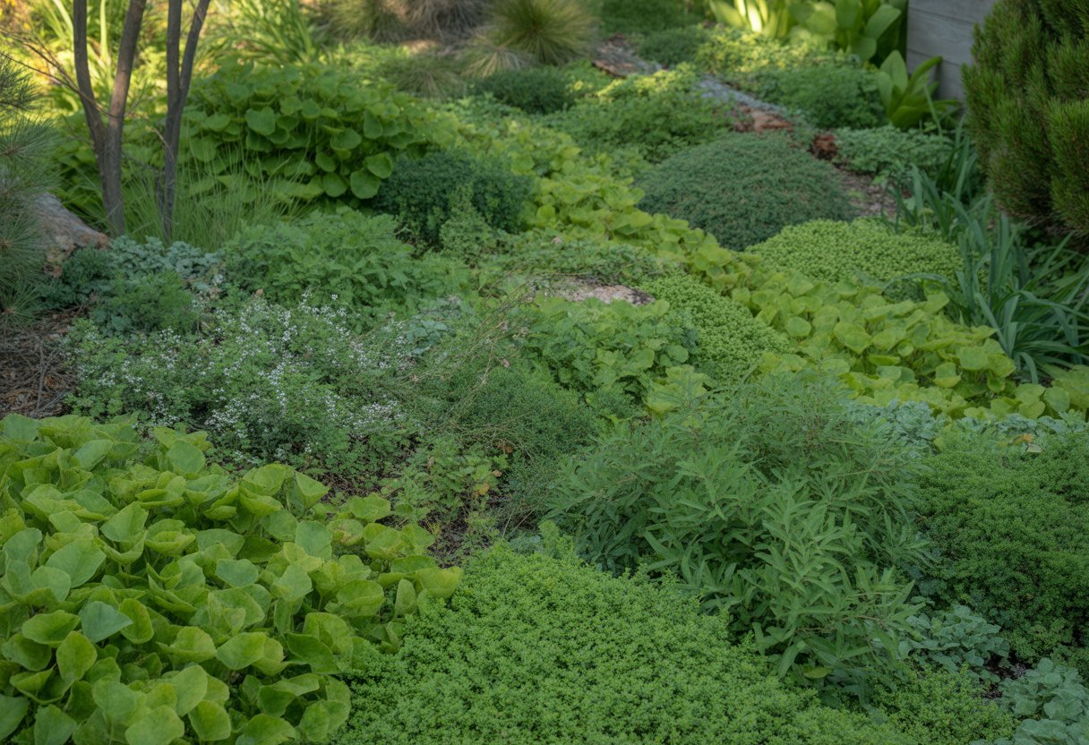 A garden area covered with various healthy native ground cover plants in different shades of green under soft sunlight.