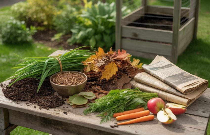 A variety of compost materials including grass clippings, leaves, vegetable scraps, coffee grounds, and soil arranged outdoors near a compost bin and garden.