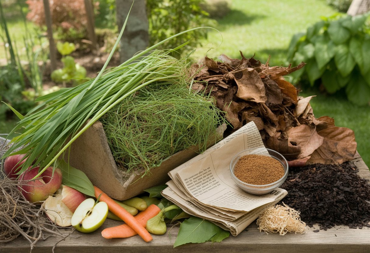 A variety of compost materials including grass clippings, dried leaves, coffee grounds, vegetable scraps, shredded newspaper, and twigs arranged outdoors on a wooden surface with a garden background.