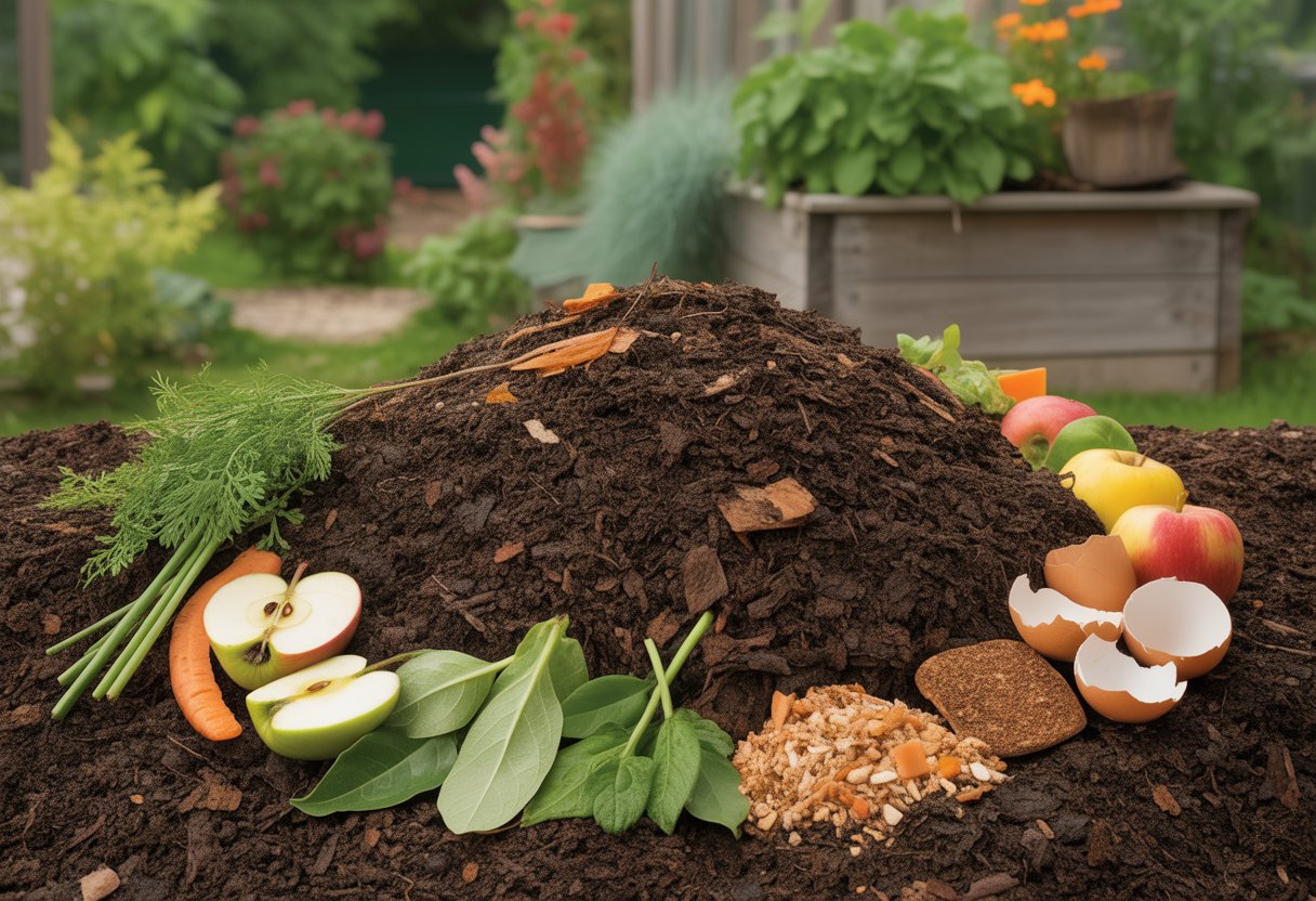 Close-up of rich compost soil with organic materials like leaves, vegetable scraps, coffee grounds, and eggshells, set outdoors near a wooden compost bin and garden plants.