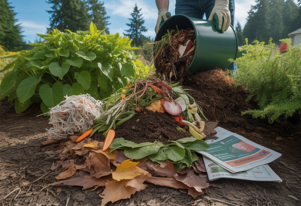 A person adding organic waste to a compost bin surrounded by various compost materials and green plants in a backyard.