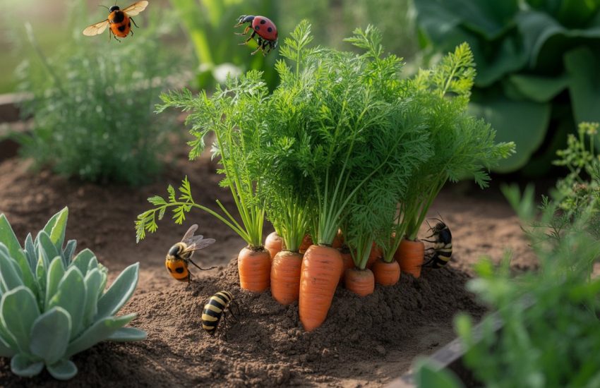 A garden bed with healthy native carrot plants, showing green leaves and orange carrots in the soil, surrounded by beneficial insects like ladybugs and bees.