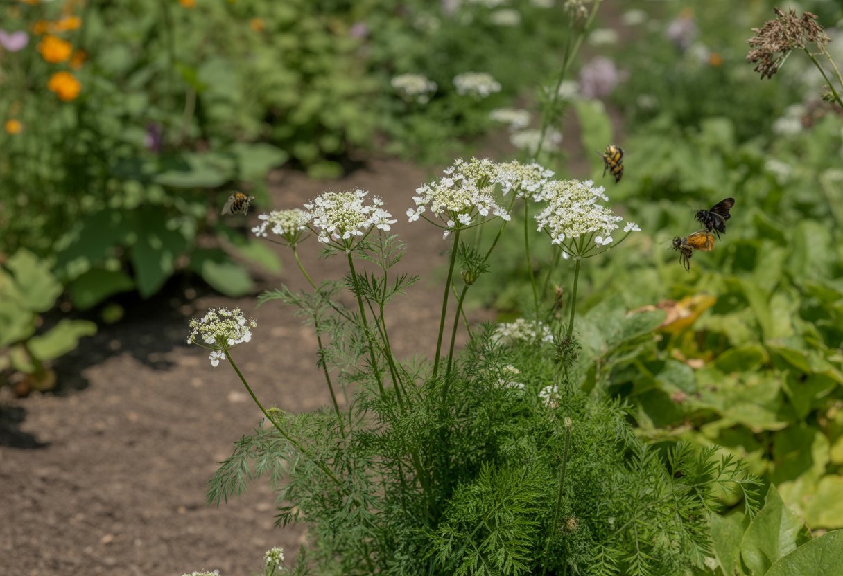 Close-up of a native wild carrot plant with white flowers in a garden, surrounded by green leaves and pollinating insects.