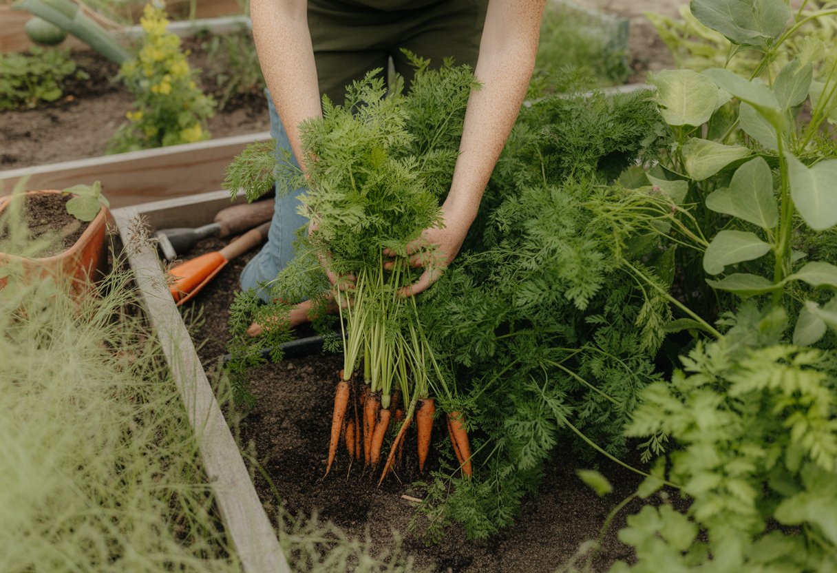 A gardener tending to healthy native carrot plants growing in rich soil in a garden.