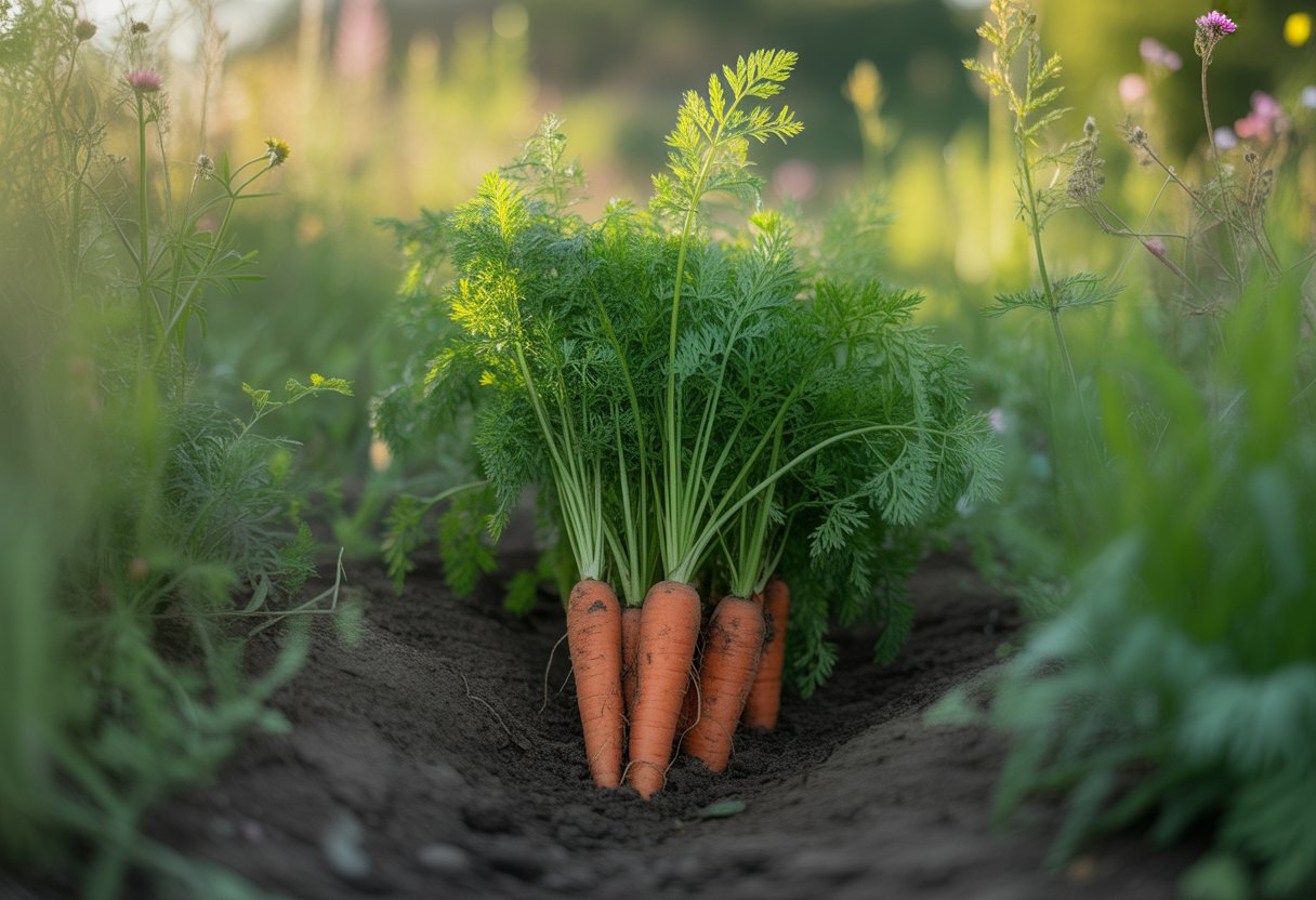 Close-up of native carrots growing in soil with green tops and orange roots visible, surrounded by other plants in a garden.