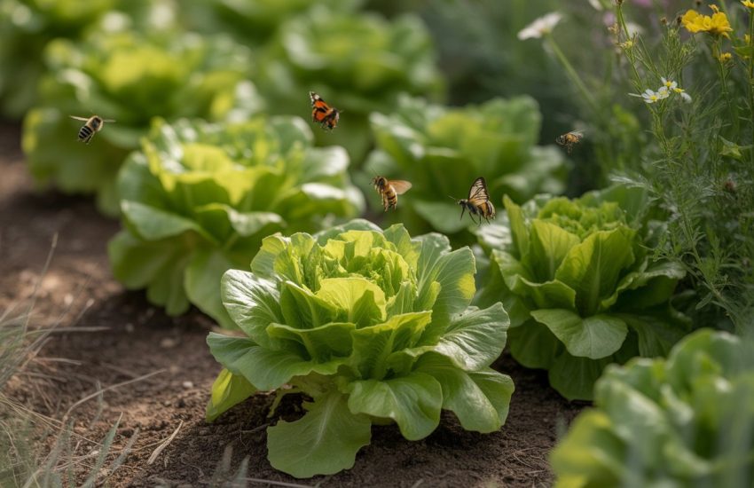 A garden bed with healthy native lettuce plants growing in soil, surrounded by bees and butterflies on a sunny day.