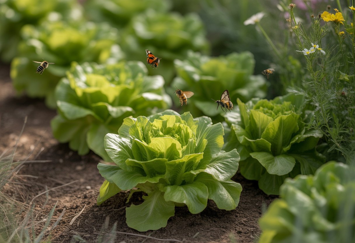 A garden bed with healthy native lettuce plants growing in soil, surrounded by bees and butterflies on a sunny day.