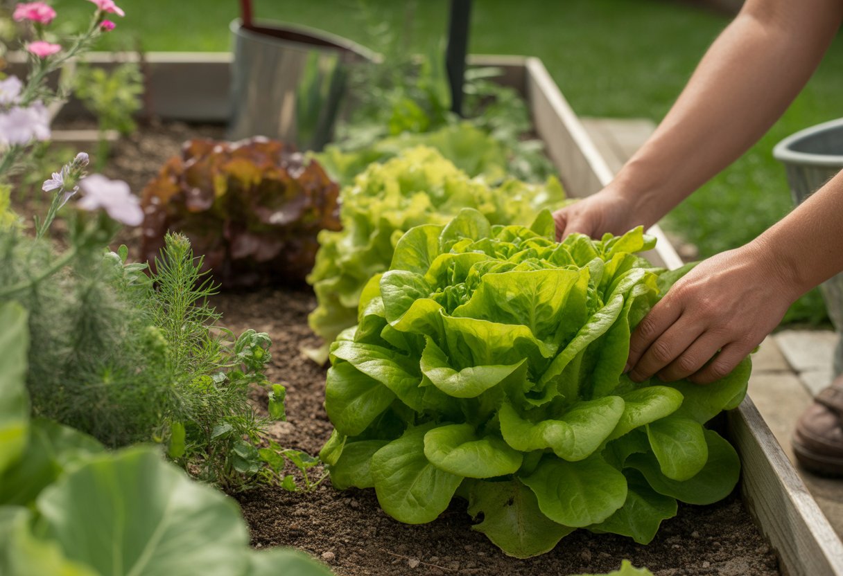 A home garden with healthy native lettuce plants being tended by a gardener's hands surrounded by other native plants and gardening tools.
