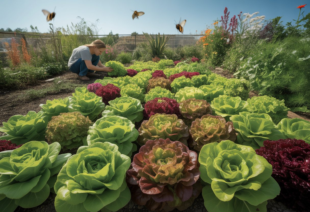 A garden bed filled with healthy native lettuce plants in green and burgundy colors, with a person harvesting lettuce and colorful flowers nearby.