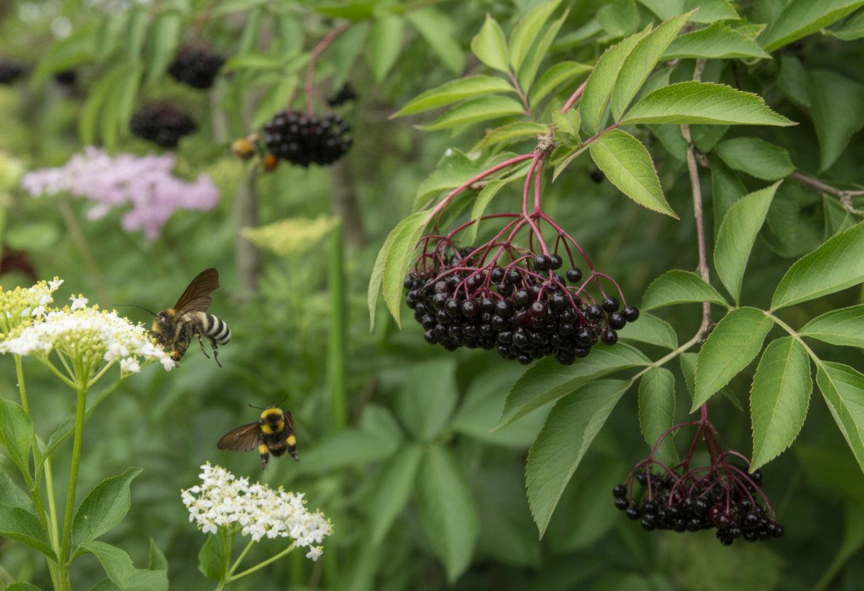 A healthy elderberry bush with ripe dark purple berries, green leaves, and surrounding wildflowers with bees and butterflies in a natural garden.