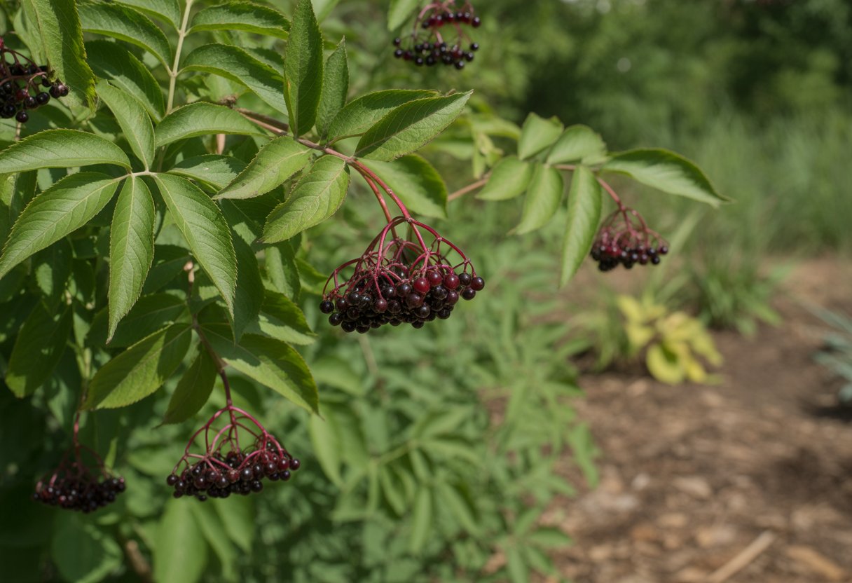 A native elderberry plant with green leaves and clusters of ripe dark purple berries growing in a sunlit garden.