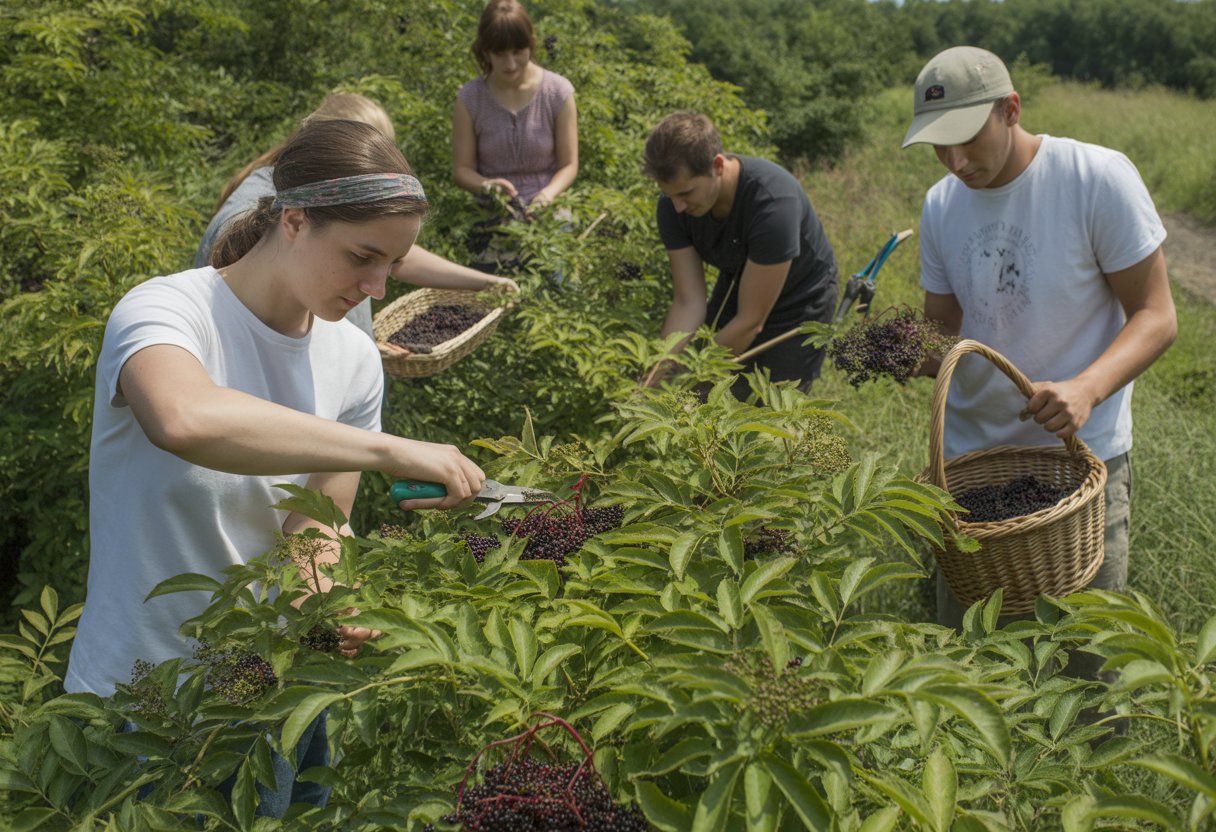 People harvesting and maintaining native elderberry bushes in a green outdoor garden.