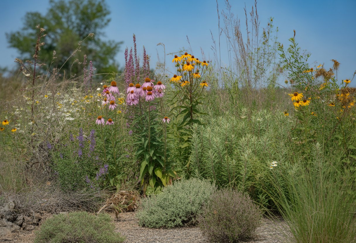 A garden scene with drought-tolerant native Indiana plants including purple coneflowers, black-eyed Susans, grasses, and butterfly weed growing in dry soil under a clear blue sky.