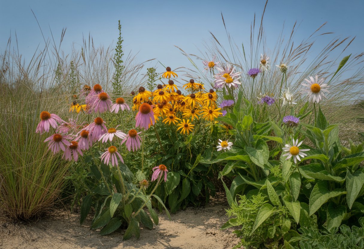 A variety of drought tolerant native plants growing in dry soil under a clear blue sky.