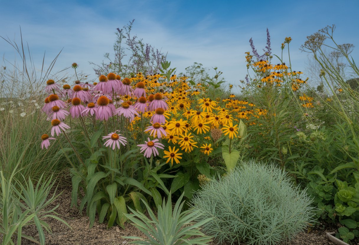A variety of drought-tolerant native plants growing outdoors in a sunny Indiana garden.