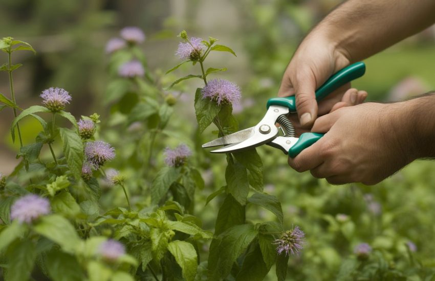 Close-up of hands pruning wild bergamot plants with purple flowers in a garden.