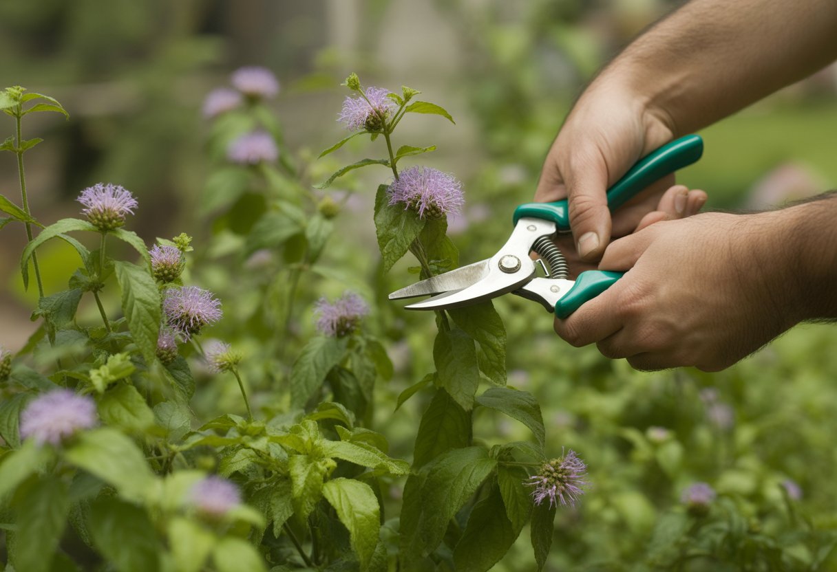Close-up of hands pruning wild bergamot plants with purple flowers in a garden.