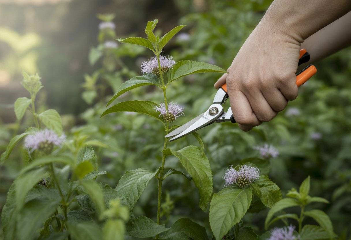 Hands pruning wild bergamot plants with gardening shears in a garden.