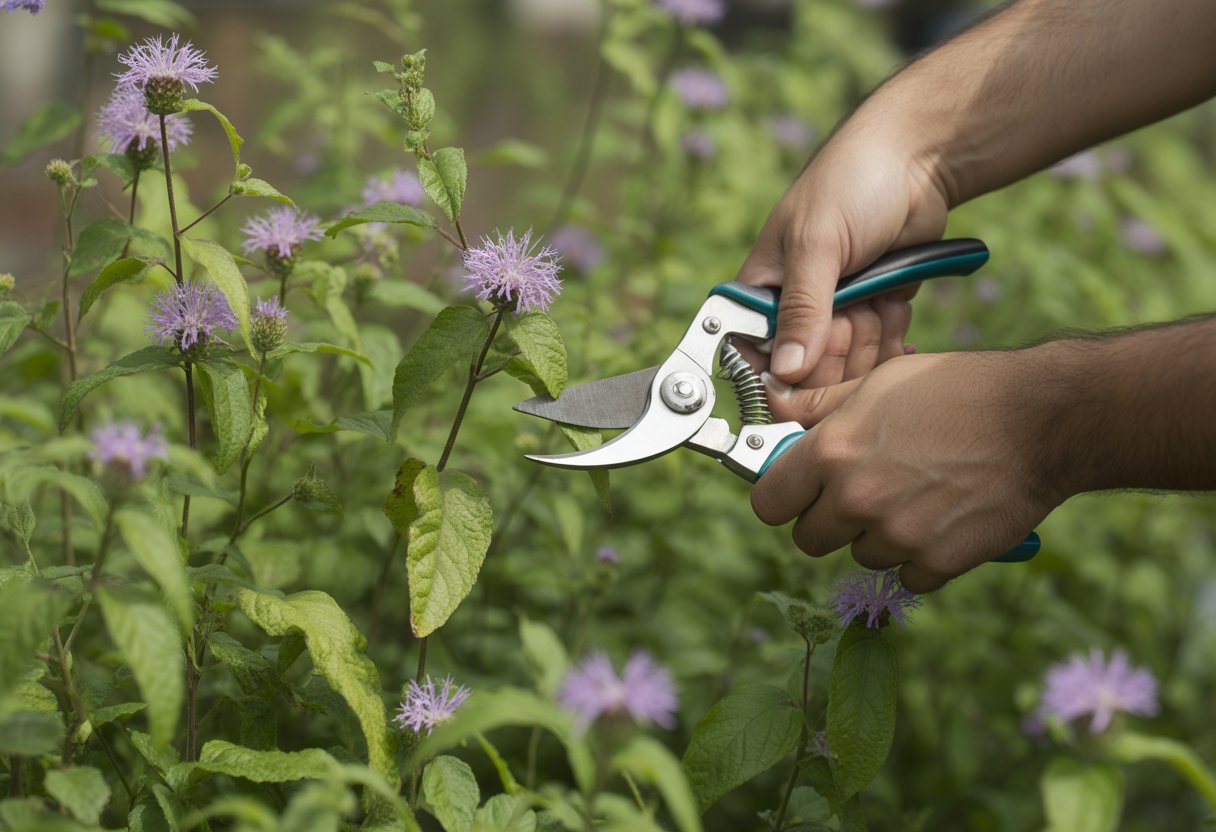 Close-up of hands pruning purple wild bergamot flowers in a garden with green leaves and sunlight.