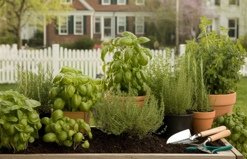 A backyard herb garden with various fresh green herbs growing in raised beds and pots, gardening tools nearby, and a white picket fence with a house in the background.