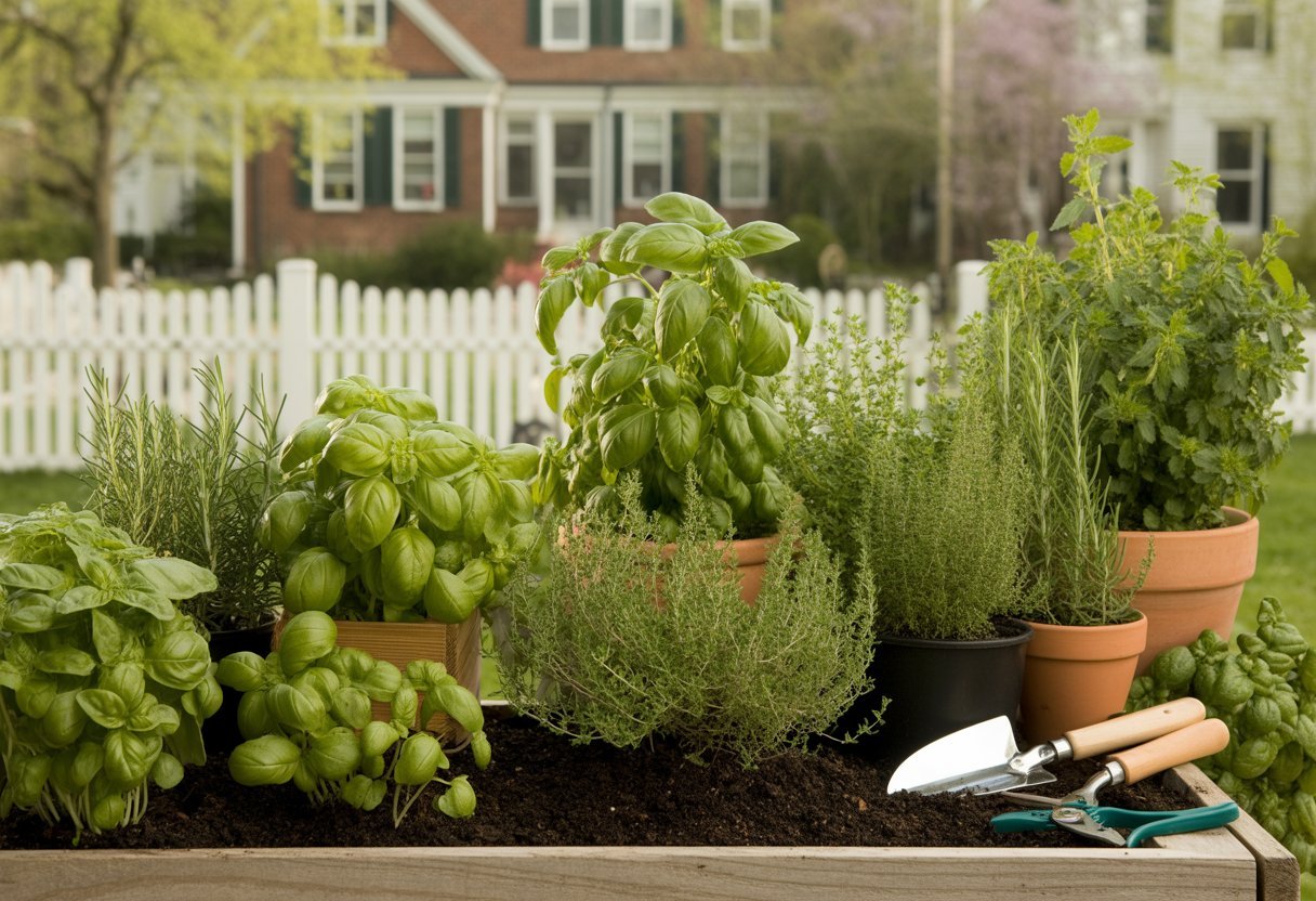 A backyard herb garden with various fresh green herbs growing in raised beds and pots, gardening tools nearby, and a white picket fence with a house in the background.