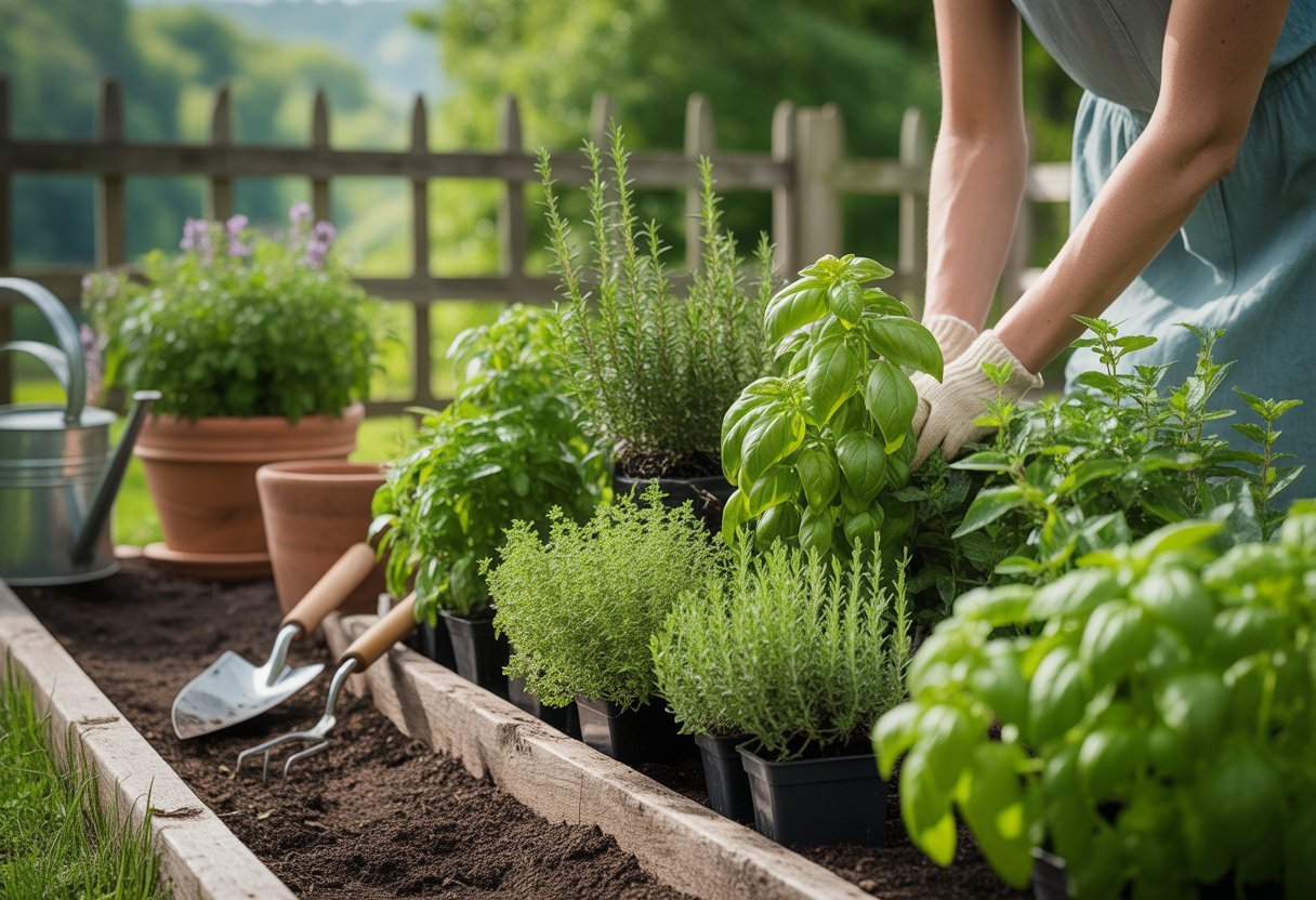 A backyard garden with various healthy herb plants growing in raised beds and pots, with gardening tools nearby and a person tending to the plants.