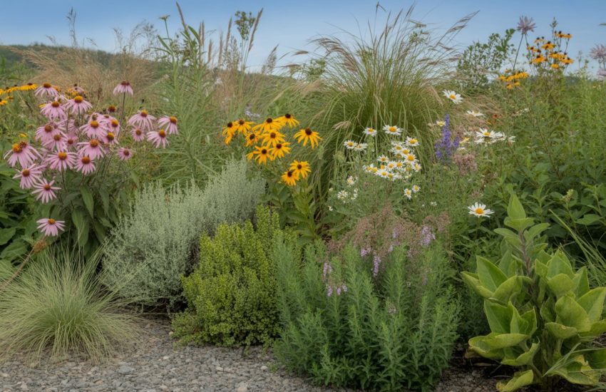 A garden of drought-tolerant native plants from Vermont with colorful wildflowers and grasses under a clear blue sky.