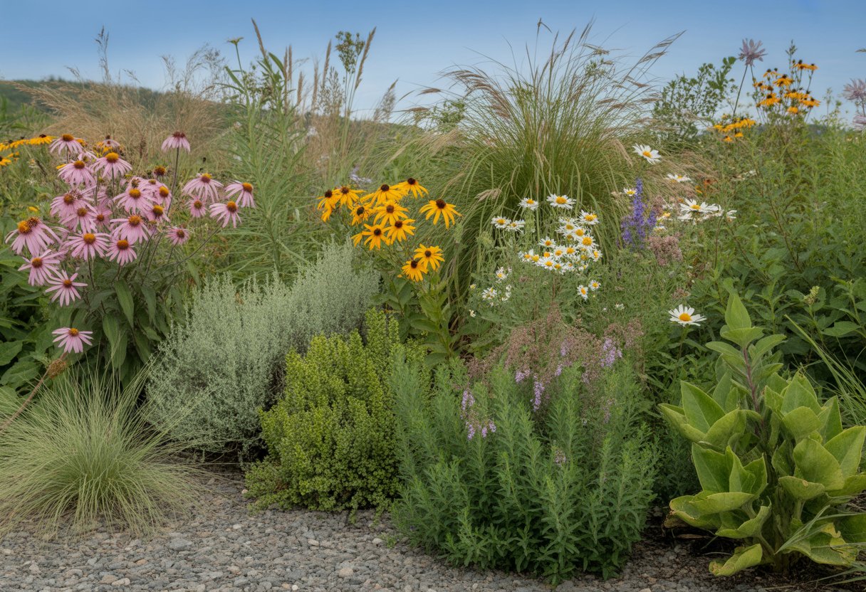 A garden of drought-tolerant native plants from Vermont with colorful wildflowers and grasses under a clear blue sky.
