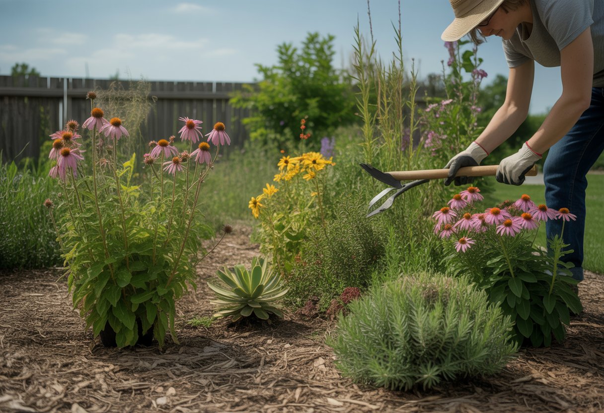 A gardener tending to a drought tolerant garden with native Vermont plants including flowers and grasses under a clear blue sky.