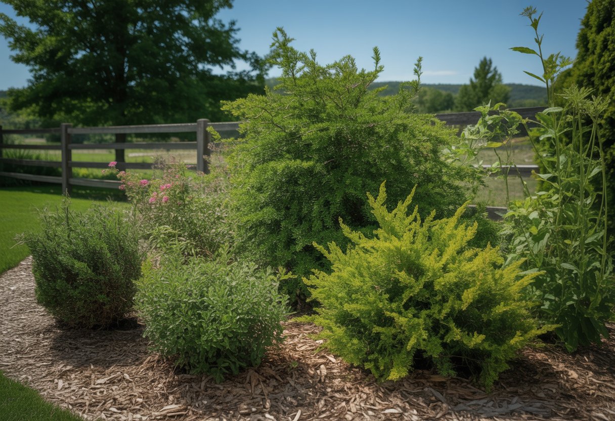 A Vermont garden with drought-tolerant native plants, green shrubs, flowering plants, and trees under a clear sky.