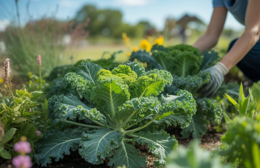 A garden bed with healthy native kale plants being tended by a gardener wearing gloves.