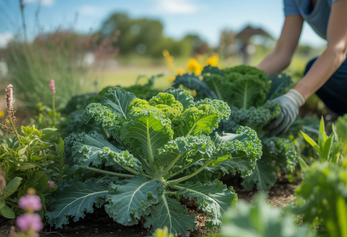 Benefits of Planting Native Kale for Sustainable Gardening and Health - PlantNative.org A garden bed with healthy native kale plants being tended by a gardener wearing gloves.
