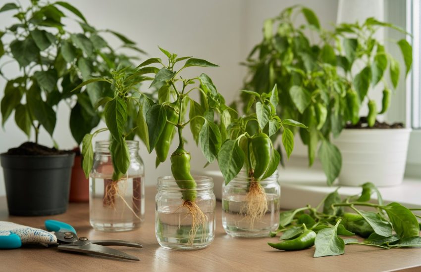 Close-up of pepper plant cuttings with roots growing in water jars on a wooden table, surrounded by gardening tools and potted pepper plants in the background.