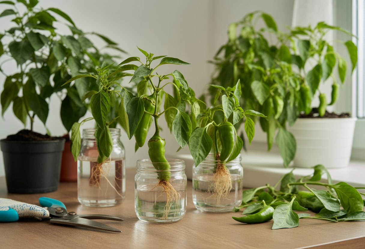 Close-up of pepper plant cuttings with roots growing in water jars on a wooden table, surrounded by gardening tools and potted pepper plants in the background.