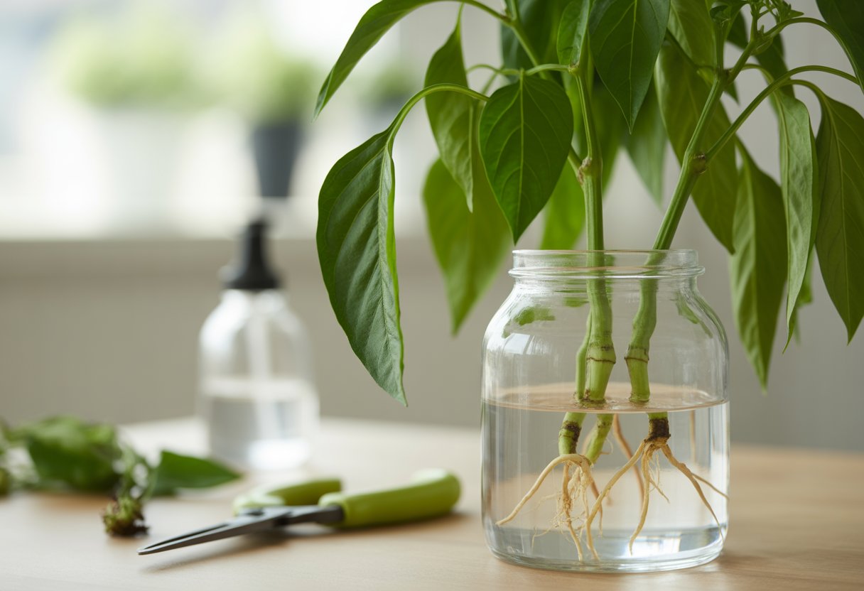 Close-up of pepper plant cuttings in a glass jar with roots forming, placed on a wooden table with gardening tools nearby.