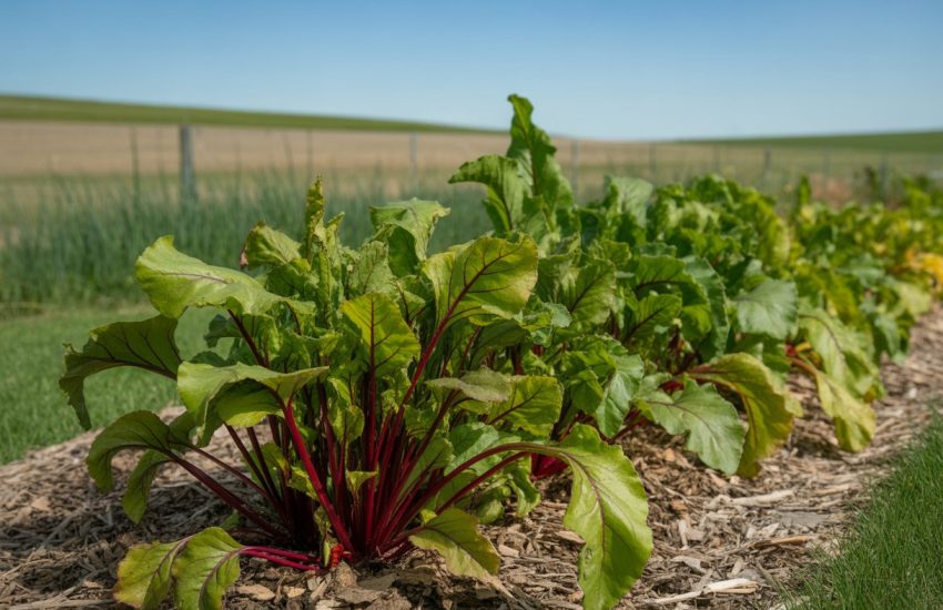 A garden with healthy native beet plants growing in neat rows under a clear blue sky in North Dakota.
