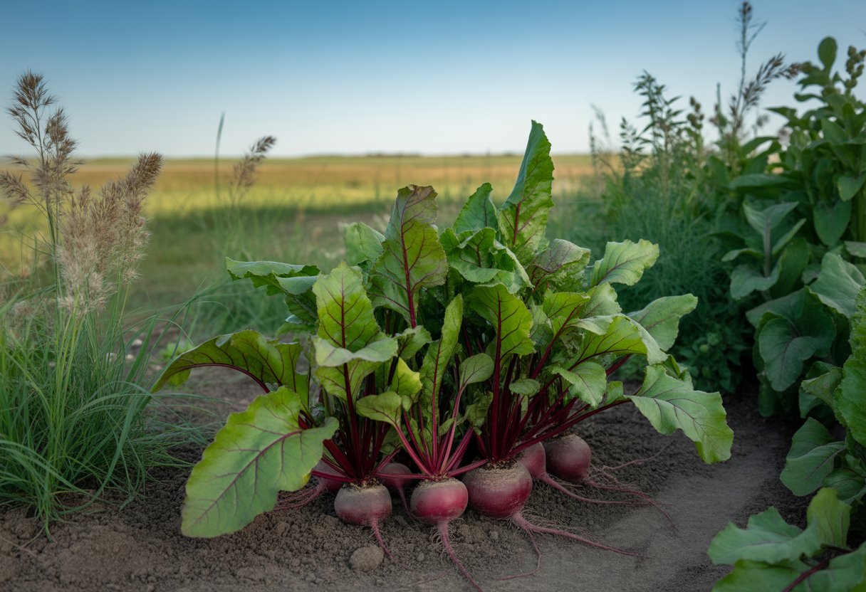 A garden in North Dakota with native beet plants growing in dark soil under a clear blue sky surrounded by native grasses.