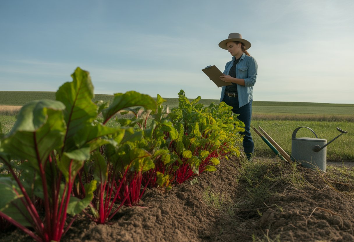 A person inspecting native beet plants growing in a garden with open fields and hills in the background.